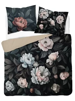 Pościel 3D z mikrofibry 220x200 czarna beżowa pudrowa kwitnące piwonie peonie