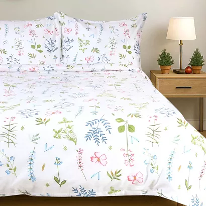 Pościel flanelowa FLANELOVE 140x200 biała w kolorowe kwiaty