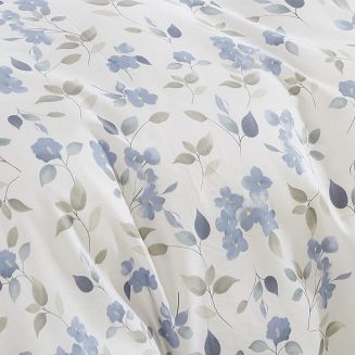Pościel satyna bawełniana 220x200 kremowa niebieska delikatne kwiaty liście