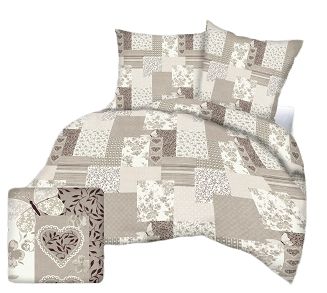 Pościel flanelowa 160x200 beżowa patchwork serca motyle kwiaty