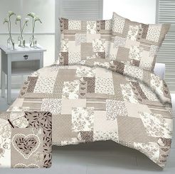 Pościel flanelowa 160x200 beżowa patchwork serca motyle kwiaty