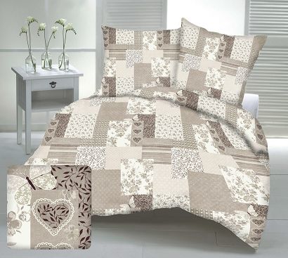 Pościel flanelowa 160x200 beżowa patchwork serca motyle kwiaty