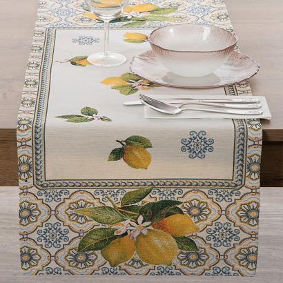 Bieżnik obrus dekoracyjny gobelin 40x100 Eurofirany naturalny żółty niebieski cytryny kwiaty