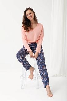Piżama damska LUNA kod 614 morelowa granatowe spodnie w kolorowe kwiaty paisley