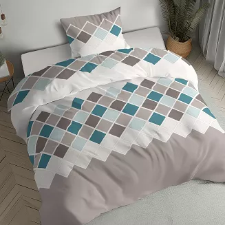 Pościel flanelowa 140x200 beżowa biała turkusowa geometryczna mozaika