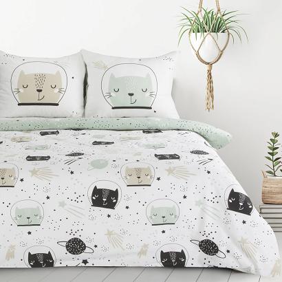 Pościel bawełniana KID 140x200 Design91 biała miętowa czarna kosmiczne koty