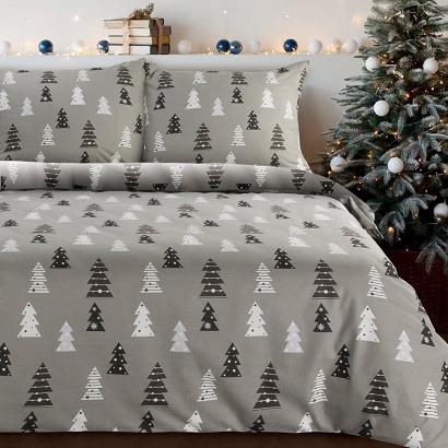 Komplet pościeli świąteczny LENON 220x200 Eurofirany flanela stalowy białe czarne choinki