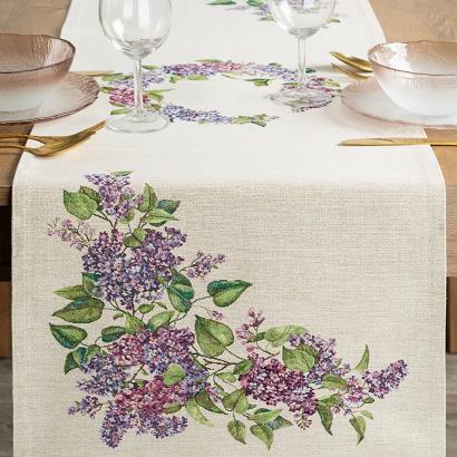 Bieżnik dekoracyjny gobelin 45x140 Eurofirany naturalny fioletowy kwiaty bzu lilak