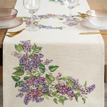 Bieżnik dekoracyjny gobelin 45x140 Eurofirany naturalny fioletowy kwiaty bzu lilak