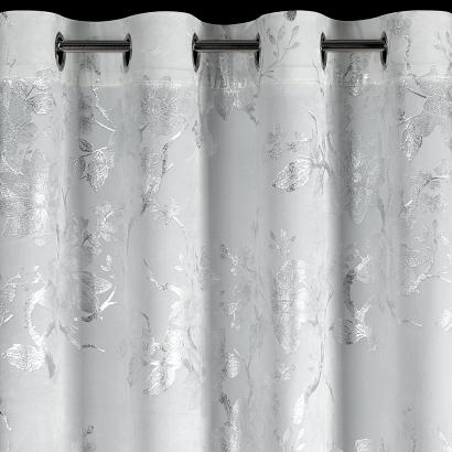 Zasłona gotowa na przelotkach CELIA 140x250 Eurofirany biała srebrna gałązki kwiaty