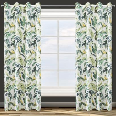 Zasłona gotowa na przelotkach FLORE 140x250 Design91 biała zielona egzotyczne liście + papugi