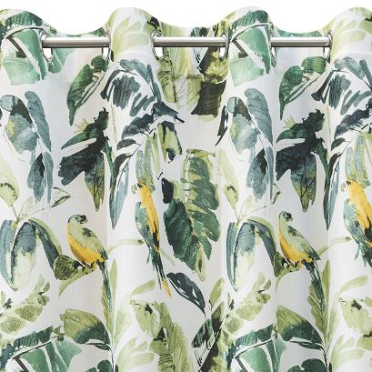 Zasłona gotowa na przelotkach FLORE 140x250 Design91 biała zielona egzotyczne liście + papugi