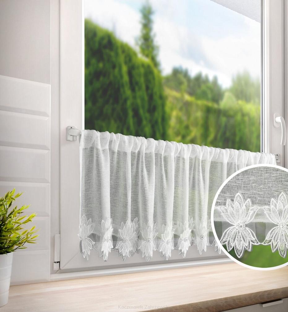 Firana gotowa zazdrostka SOPHIA 130x30 Eurofirany biała z koronkową aplikacją i kryształkami