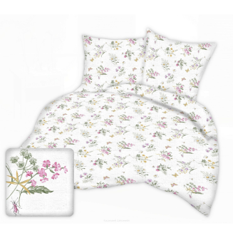 Pościel satyna korowana 160x200 biała w różowe fioletowe polne kwiaty