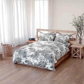 Pościel bawełniana JUNGLE 200x220 biała szara liście palmy