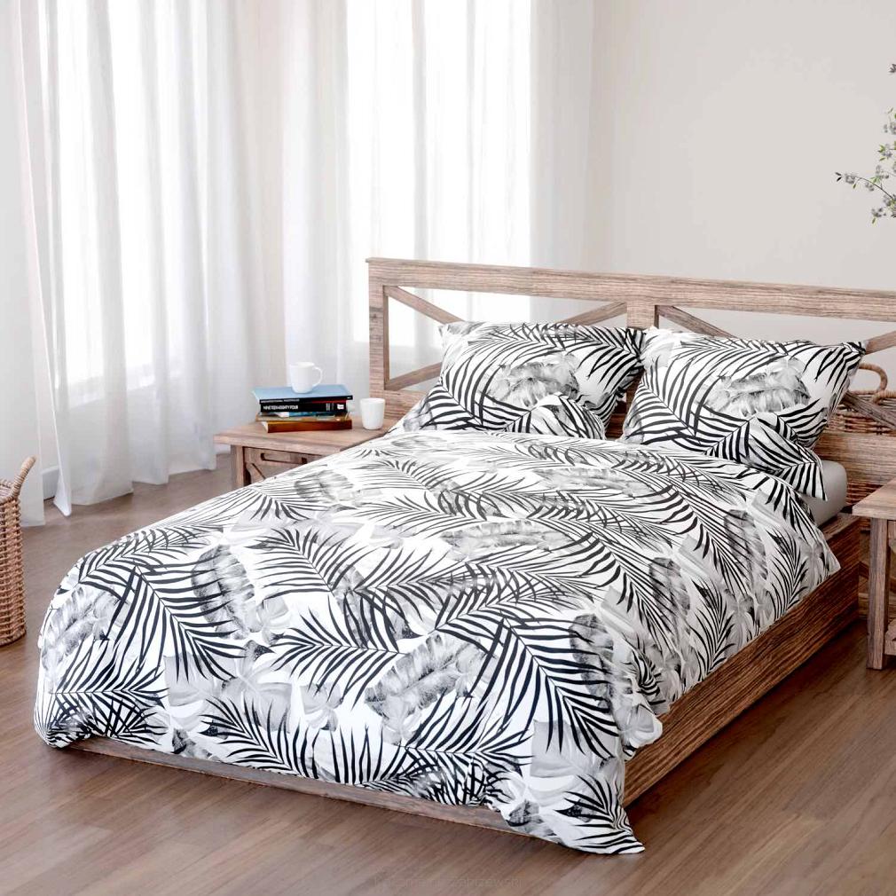 Pościel bawełniana JUNGLE 200x220 biała szara liście palmy