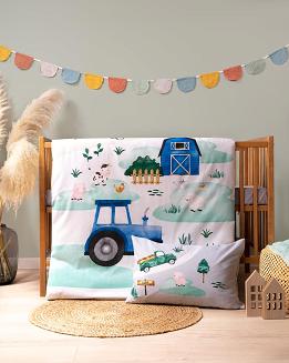 Pościel bawełniana 90x120 wielokolorowa mały rolnik niebieski traktor