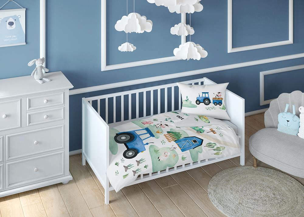 Pościel bawełniana 90x120 wielokolorowa mały rolnik niebieski traktor