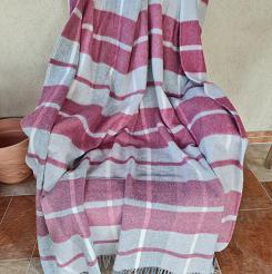 Koc wełniany z frędzlami 160x200 kratka szra bordowa