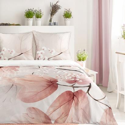 Pościel satynowa FLORES 200x220 Eurofirany jasnobeżowa ceglasta gałązki liście