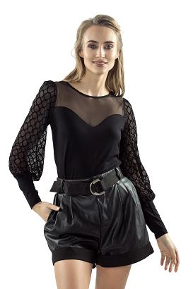 Bluzka damska z tiulowymi bufiastymi rękawami Ariana czarna
