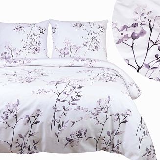 Pościel bawełniana COTTONLOVE 180x200 biała w fioletowe liście i kwiaty