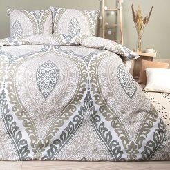 Pościel bawełniana 140x200 COTTONLOVE biała zielony ornament