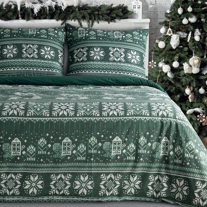 Komplet pościeli świąteczny CLOVER 160x200 Eurofirany ciemnozielony biały wzór skandynawski renifery śnieżynki