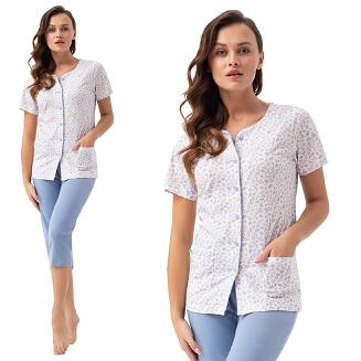 Piżama damska LUNA kod 476 niebieska biała w listki rozpinana