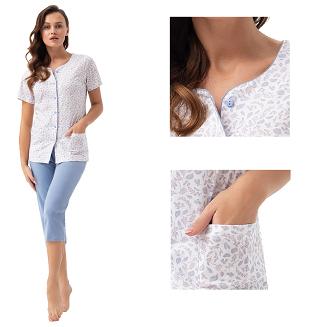 Piżama damska LUNA kod 476 niebieska biała w listki rozpinana