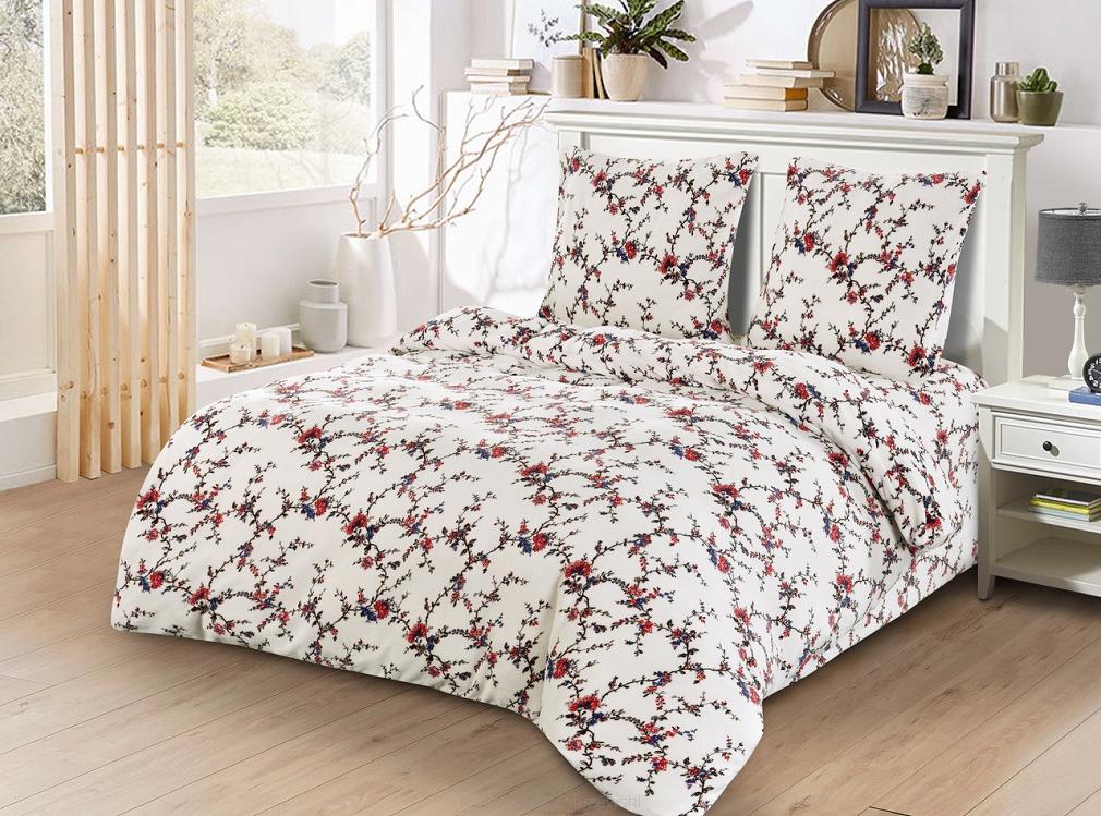 Pościel polarowa 200x220 welur biała kwitnące gałązki