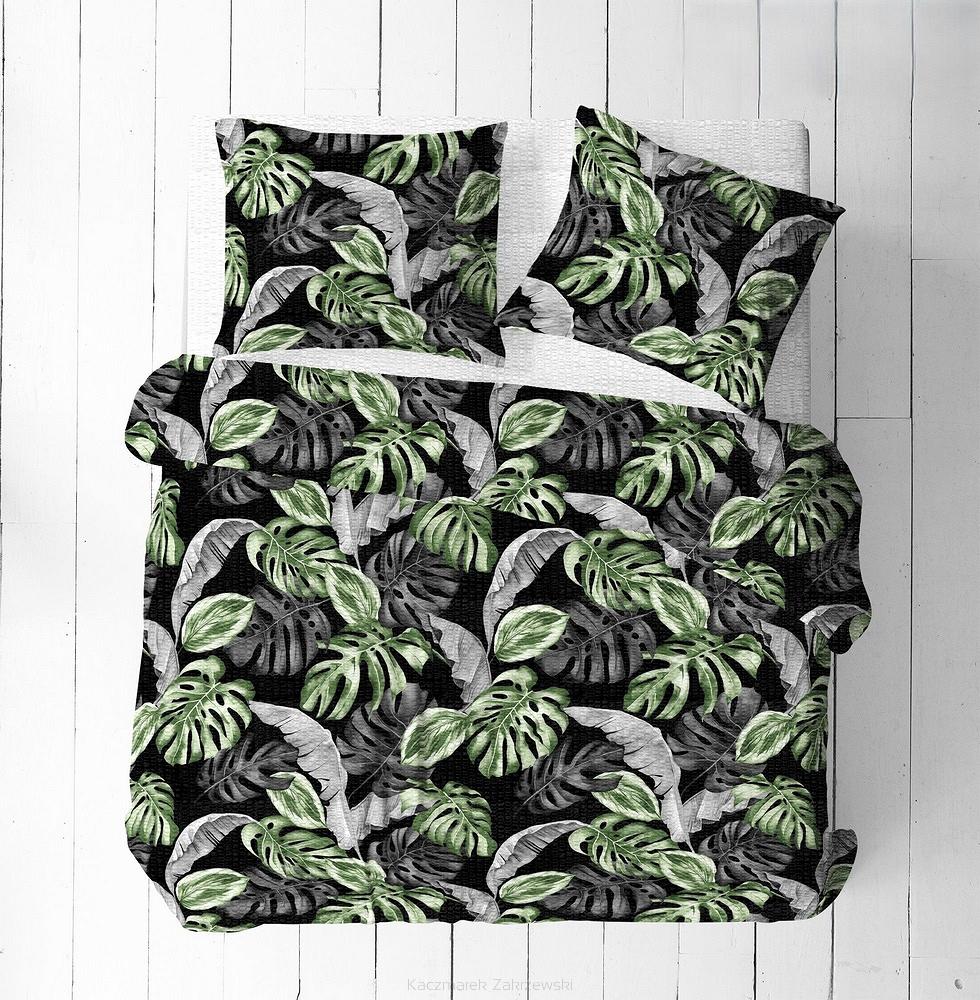 Pościel z kory 160x200 czarna w szare zielone egzotyczne liście