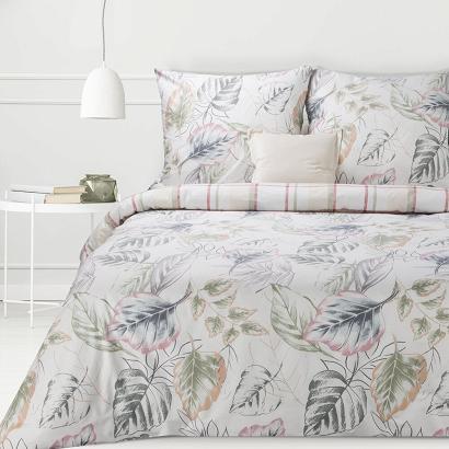 Pościel bawełniana Classic Deluxe SARA 160x200 Eurofirany biała pastelowa liście kratka
