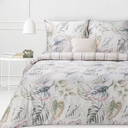 Pościel bawełniana Classic Deluxe SARA 160x200 Eurofirany biała pastelowa liście kratka