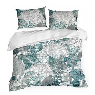 Pościel satynowa kreszowana 200x220 Eurofirany białe stalowe zielone liście
