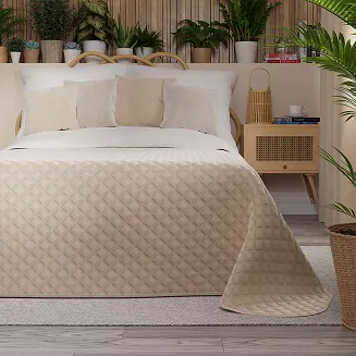 Narzuta dekoracyjna VELVI 220x240 pikowana w geometryczny wzór jasnobeżowa