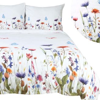 Pościel flanelowa FLANELOVE 180x200 kolorowa łąka kwiatów na białym tle