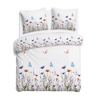 Pościel flanelowa FLANELOVE 180x200 kolorowa łąka kwiatów na białym tle