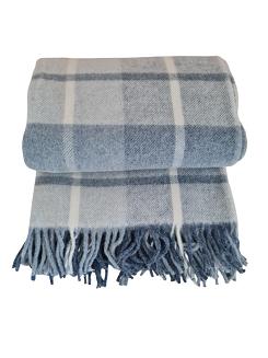 Koc wełniany z frędzlami 160x200 kratka szara ciemnoniebieska