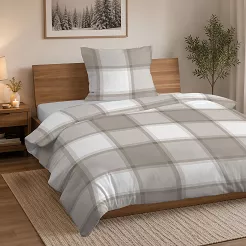 Pościel flanelowa 140x200 beżowa biała krata buffalo
