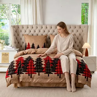 Pościel świąteczna 160x200 beżowa w kraciaste choinki