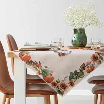 Obrus dekoracyjny gobelin 100x100 Eurofirany naturalny pomarańczowy rudy dynie słoneczniki