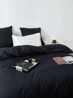 Pościel satyna bawełniana Queen Premium 140x200 czarna ze złotą lamówką