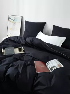Pościel satyna bawełniana Queen Premium 140x200 czarna ze złotą lamówką