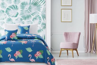 Narzuta dekoracyjna FLAMINGI 220x240 pikowana granatowa różowe flamingi