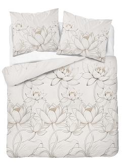 Pościel satynowa 220x200 Detexpol kremowa kwiaty lotosu