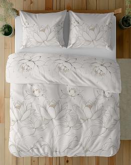 Pościel satynowa 220x200 Detexpol kremowa kwiaty lotosu