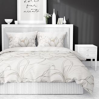 Pościel satynowa 220x200 Detexpol kremowa kwiaty lotosu