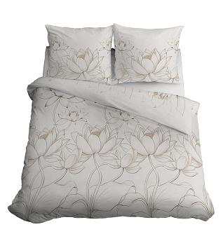 Pościel satynowa 220x200 Detexpol kremowa kwiaty lotosu