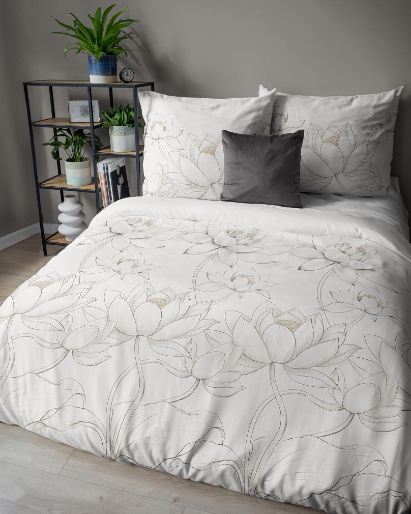 Pościel satynowa 220x200 Detexpol kremowa kwiaty lotosu